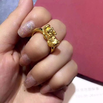 Pre-owned Yuxi 999 Pure 24k Yellow Gold Ring 3d Hard Gold Lucky Pixiu Baby Pattern Us Size Us 7