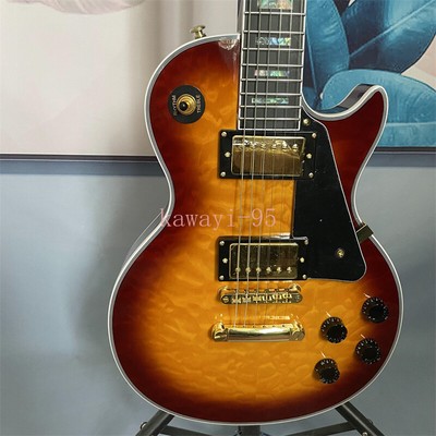 Custom Vintage Sunburst Electric Guitar Solid Mahogany Body Inlay Abalone Shells