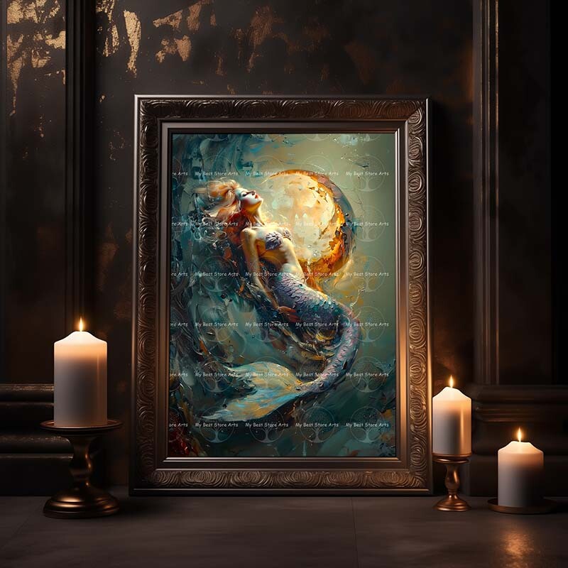 SURREAL MOON MERMAID ART PEINT, Fairycore, Siren Poster Fantasy Sky Moon D681
