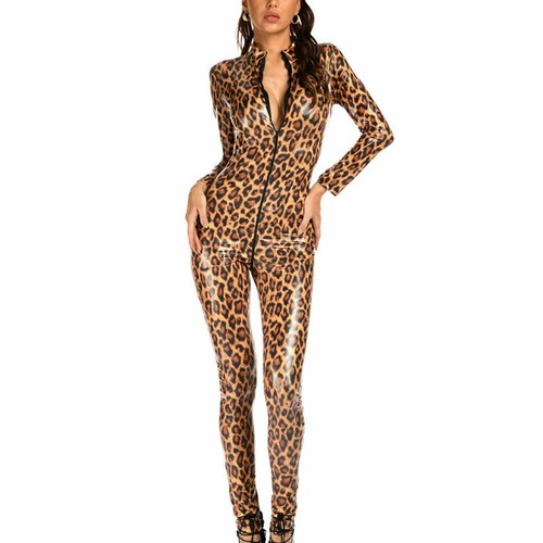 2-Way Zipper Sexy Leopard Print Jumpsuit Leather Wet look Shiny Bodysuit Catsuit