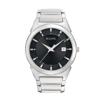 BULOVA MEN'S $325 CLASSIC QUARTZ SILVER BLACK SUNBURST DIAL WATCH W/ DATE 96B149