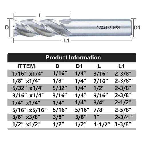 8 Set End Mill 4 Flute Milling Cutter HSS Straight Shank Drill Bit 1/16"-1/2''