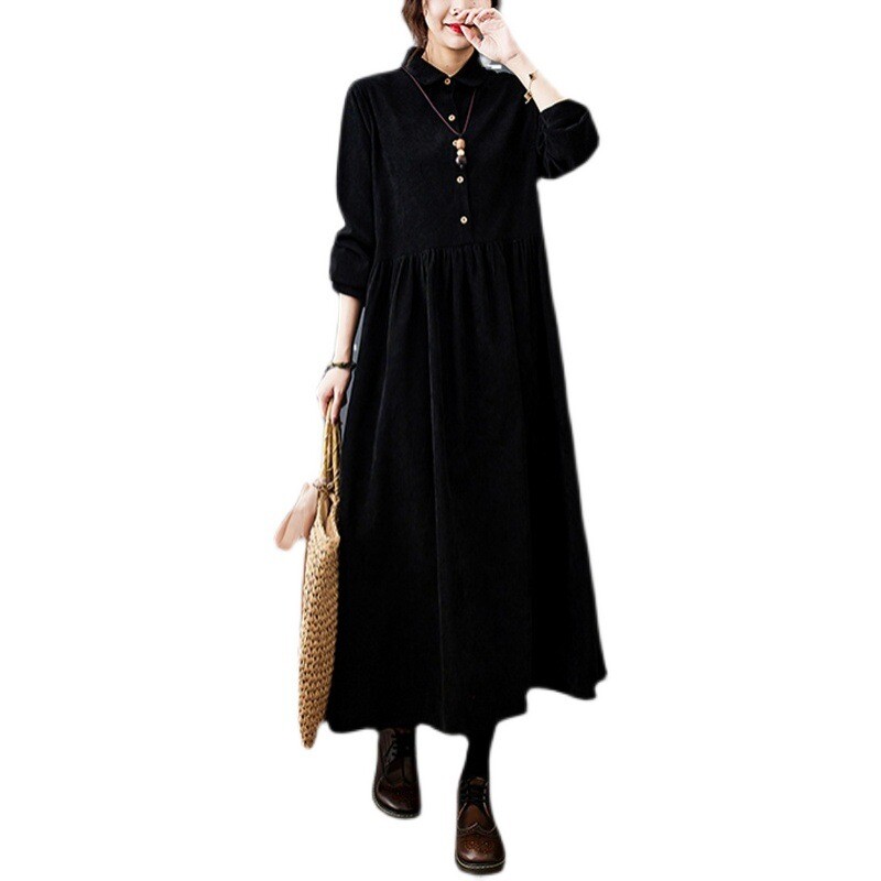 Abito Donna In Corduroy Lungo Retro Grande Swing Casual Caldo A-Linea Largo