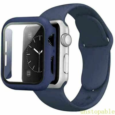 Strap+Glass Screen Case For Apple Watch 9 8 7 6 5 4 3 2 SE Silicone iWatch Band