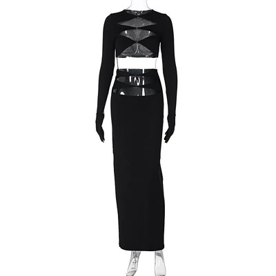 Black Hollow Out Sexy Two Piece Set Women O Neck With Gloves Long Sleeve Tops A