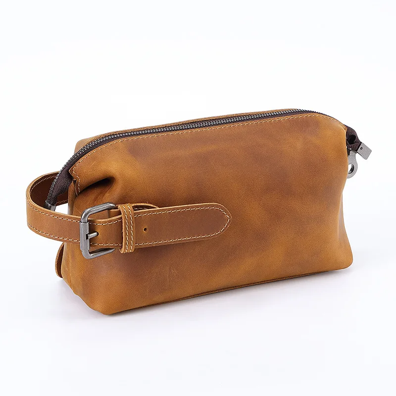 Men'S Vintage Top-Grain Genuine Leather Clutch Bag Spacious Travel Organizer