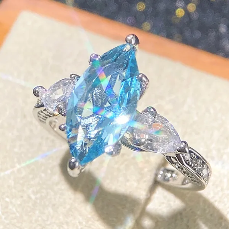 Exquisite Marquise Cut Sea Blue Sapphire 925 Sterling Silver Aquamarine Gemstone Rings for Women Bridal Wedding Ring Jewelry