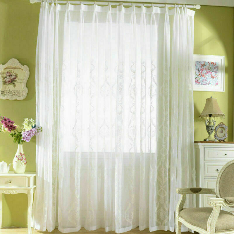 Embroidery Cotton Net Curtains Pelmets Tulle Voile Window Panels Drape White