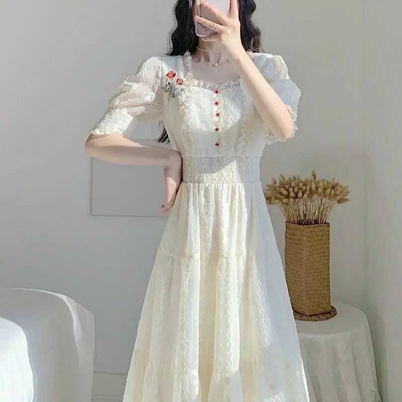 Lady Lace Tea Dress Midi Floral Embroidery Ruffle Short Puff Sleeve Retro Casual