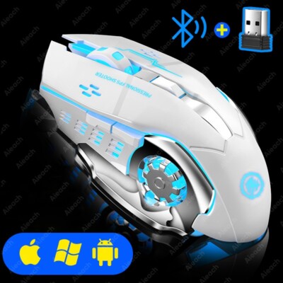 Wireless White Mouse Rechargeable Gaming Computer Silent RGB Bluetooth USB 6 Key