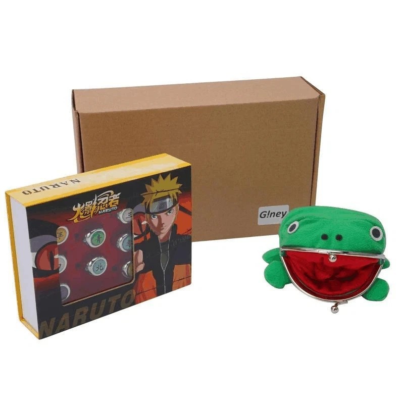Naruto Akatsuki Rings 10 Set Green Frog Wallet and Chain Cosplay Itachi Adjustab