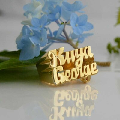 Pre-owned Online0369 14k Yellow Gold Plated Men's Customized Cursive Writing Name Ring In 925 Silver In White