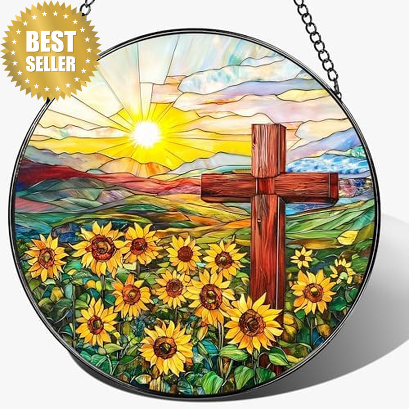 Cross Stained Glass Sun Catcher, Stained Glass Window Hanging, 8 Inch Suncatcher