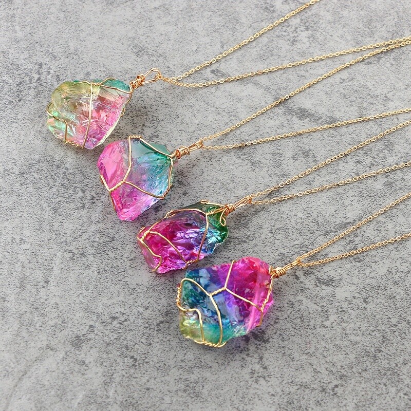 Colorful Chakra Quartz Irregular Rainbow Crystal Stone Jewelry Pendant Necklace