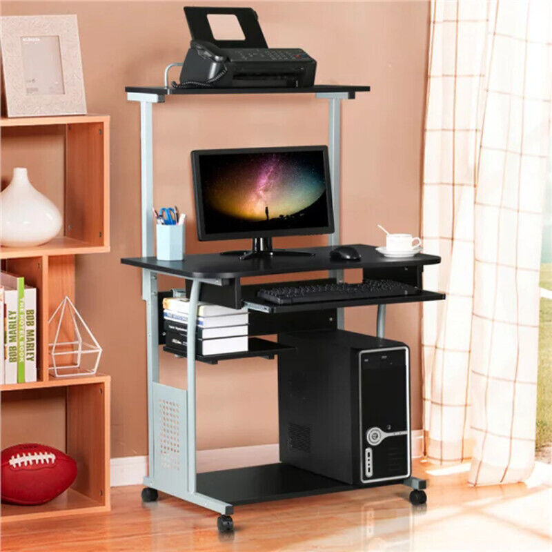 Rolling Laptop Computer Desk W/4 Storage Shelves & Keyboard Tray Portable Metal