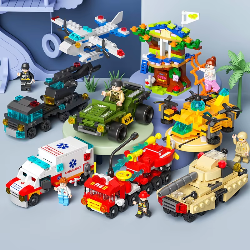 6 in 1 Mega City Building Set - Police Car, Fire Truck, Crane, Tank, Helicopter