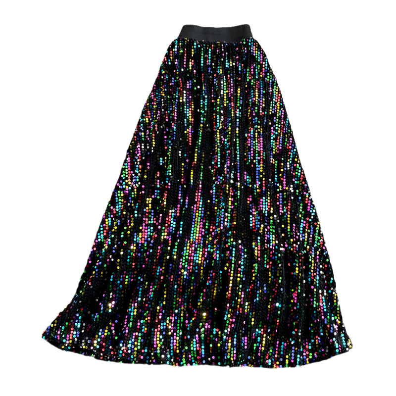 Lady Casual Midi Sequin Skirt High Elastic High Waist Shiny A-line Skirt Fashion