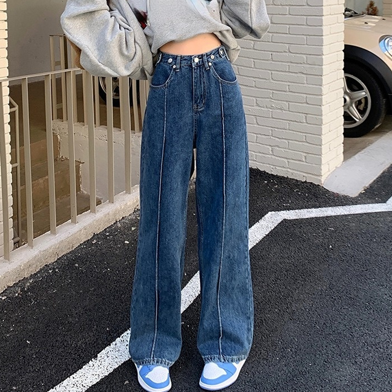 Jean Femmes Jambe Large Pantalon Jeans Coupe Droite Taille