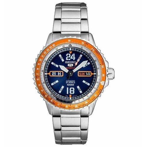 Pre-owned Seiko 5 Srp351k1 Sports Aviator Automatic 24 Jewels Silver Orange Blue Day Date