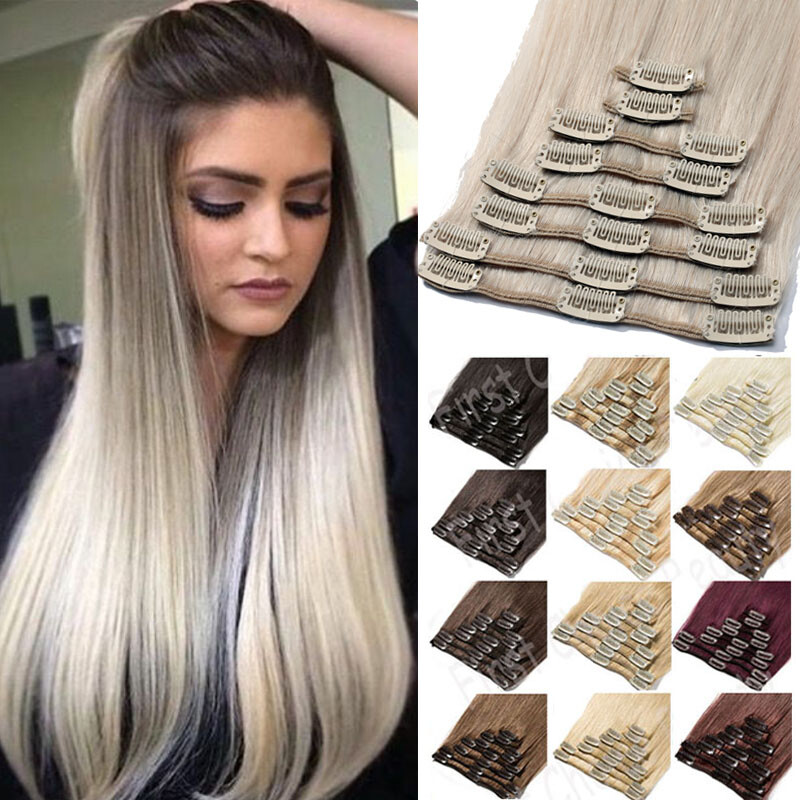 New Bleach White 100 Real Remy Human Hair Extensions Clip In 8pcs