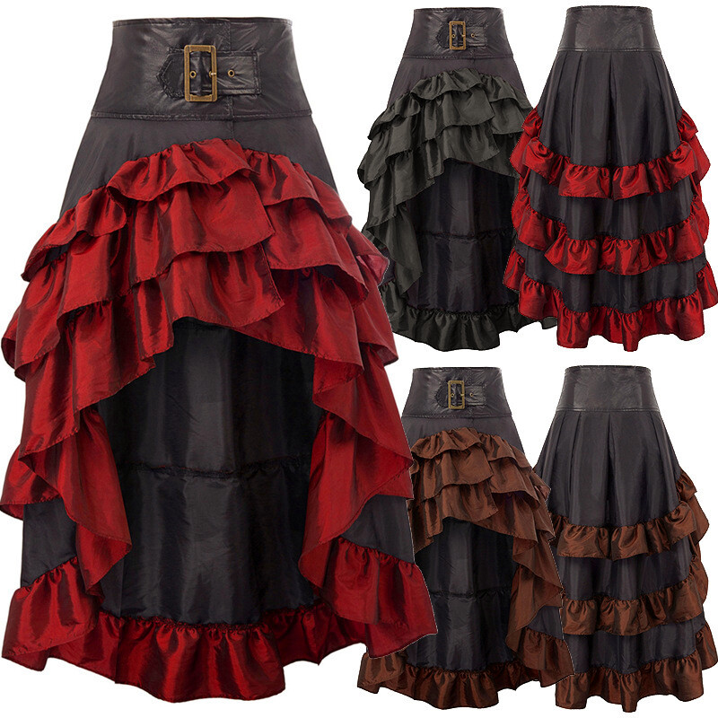 Women Midi Skirt Gothic Punk Ruffle Irregular Layered Tiered Steampunk Retro