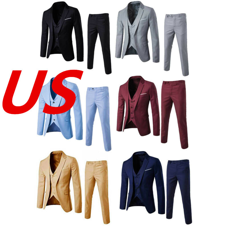 US Mens Blazer Suit Fit Slim Jacket Vest Pants Sets For Formal Business Wedding
