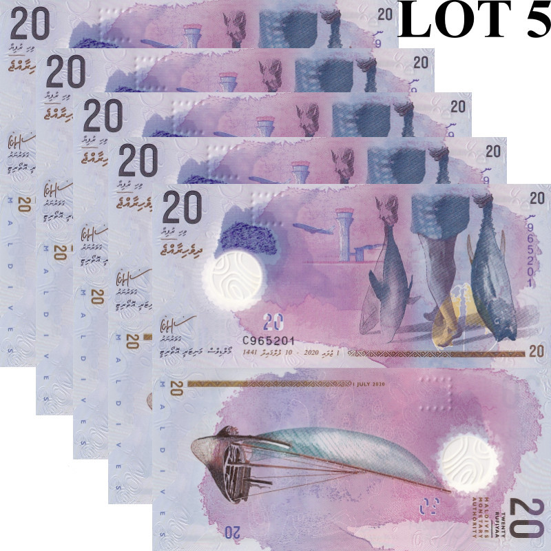 Maldives 20 Rufiyaa 2020 P 27 Polymer UNC 1/20 Bundle Lot 5 pcs