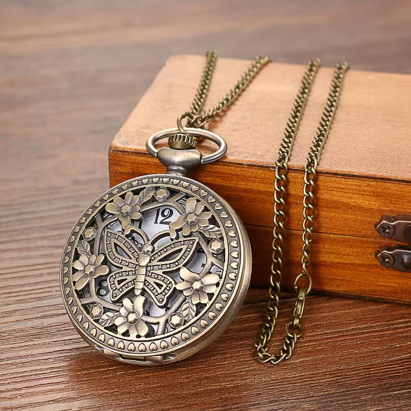 Elegant Hollow Butterfly Digital Pocket Watch Pendant Necklace