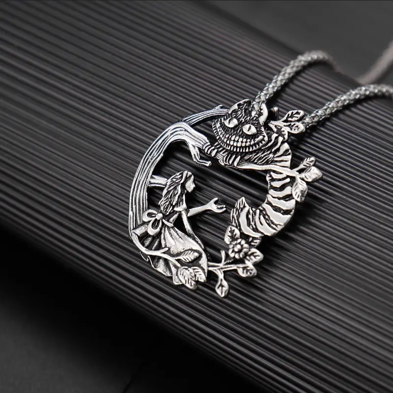 Alice In Wonderland Cheshire Cat Jewelry Vintage Silver Pendant Necklace