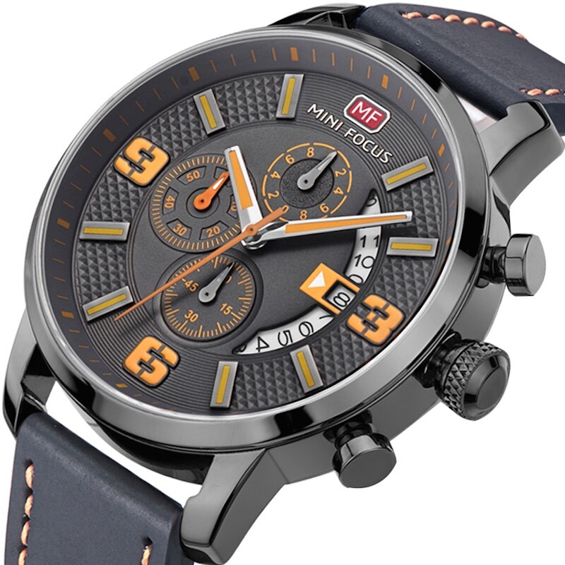 Herren Armbanduhr Analog Quarz Chronograph Uhr Leder Schwarz 3ATM wasserdicht