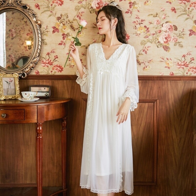 Women Nightgown Sleepwear Dress V-neck Lace Floral Black Loose Home Loungewear