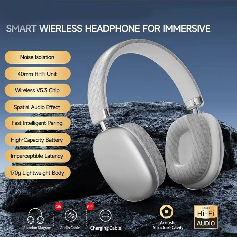 Casque Bluetooth Sans Fil Arceau Réglable Réduction Bruit HiFi Stéréo argenté