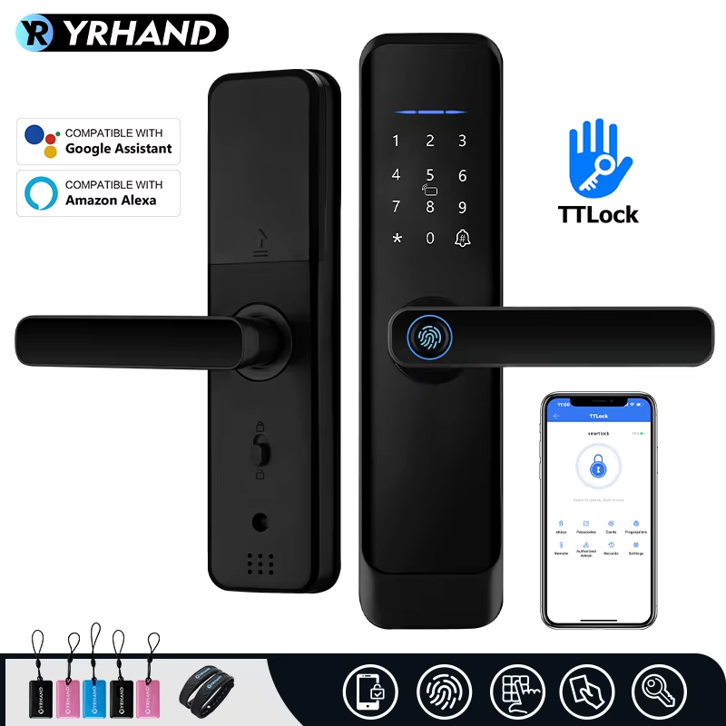 Matt Black Fingerprint Door Lock TTLock App Code Card Key Smart Door Lock Securi