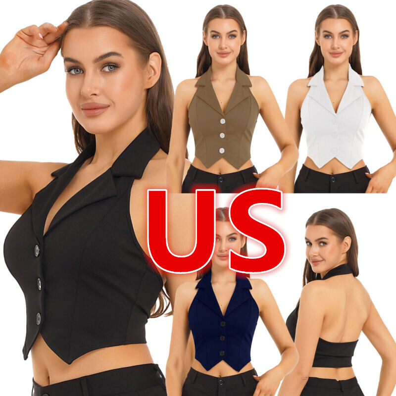 US Women's Waistcoat Suit Backless Vests Notch Lapel Single Breasted Crop Tops