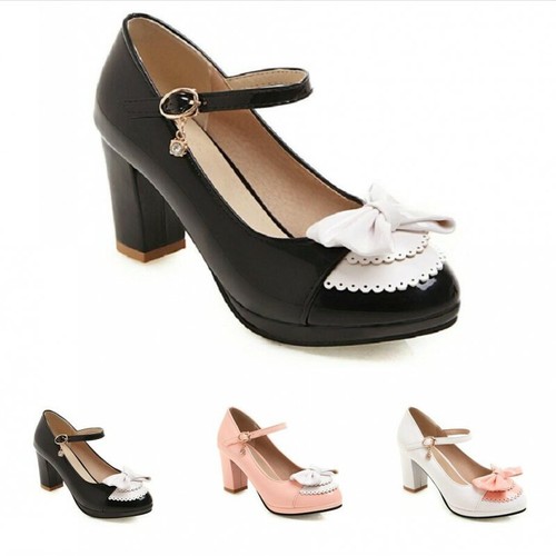Womens Girls Lolita Sweet Bow Tie Ankle Strap Mary Janes Court Shoes 45//46//47//48