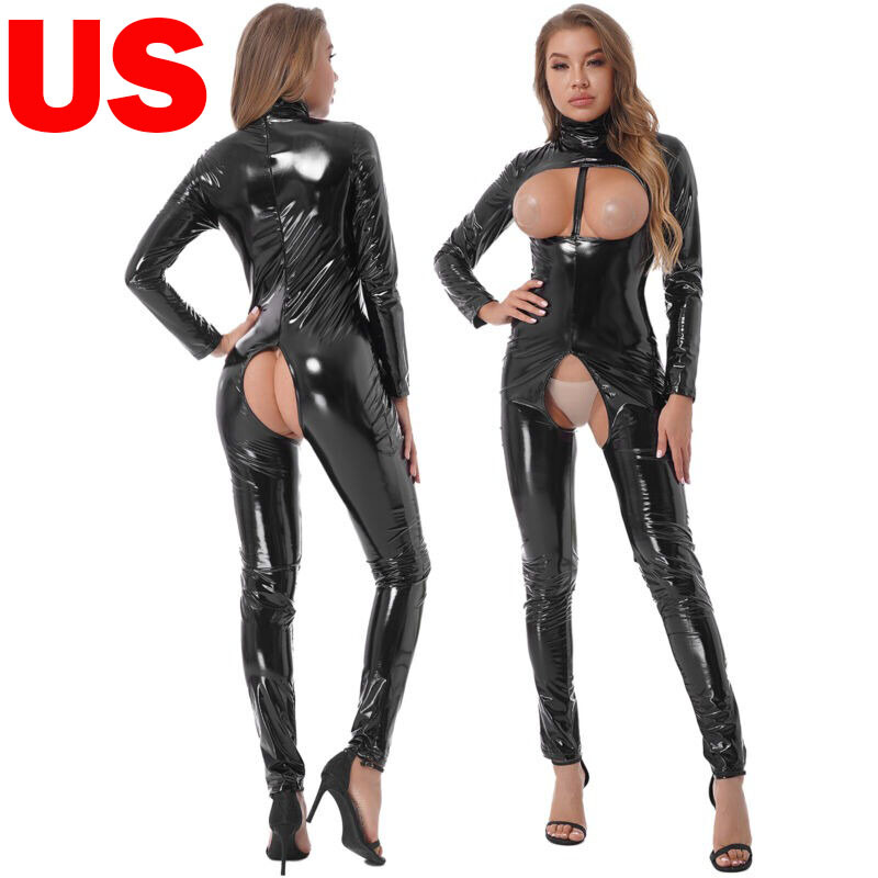 US Womens Patent Leather Bodysuit Crime Fighter Costume Wet Look Latex Catsuit