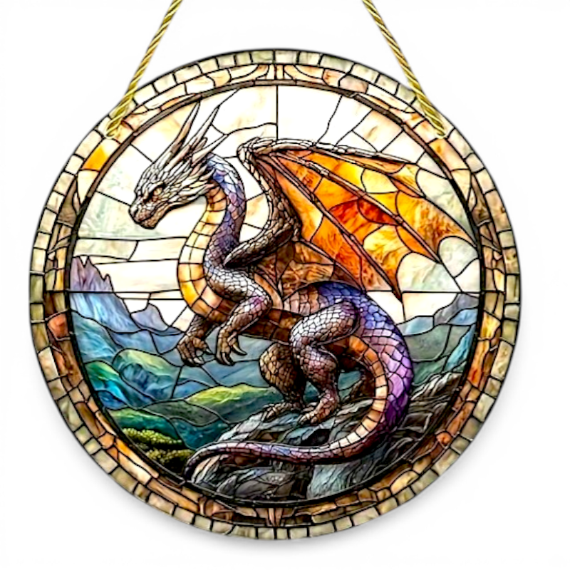 Fantasy Dragon Suncatcher 8in - Multicolor Faux Stained Glass Window Decor
