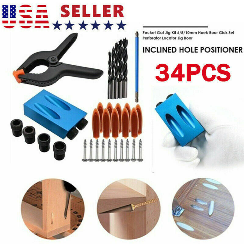 34pcs 15° Angle Pocket Hole Drilling Woodworking Drill Guide Kit Positioner Tool