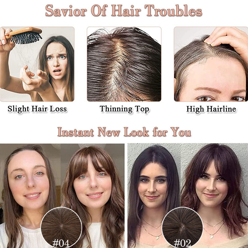 100% Remy Human Hair Topper Toupee Clip In Top Hairpiece with Bangs Mono Base