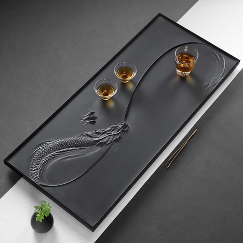  Tea Tray Hand Carved Dragon Engraved Black Stone Water Draining Tray For Teaset