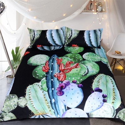 Cactus Plant Pattern QuiltDuvet Cover and Pillow Case Bedding 3piece Set
