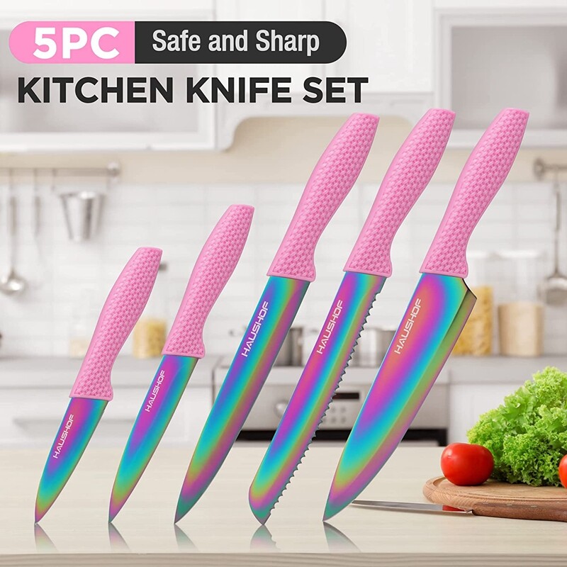 HAUSHOF Kitchen Knife Set 5Piece Rainbow Knife Sets Premium Steel Knives Set NEW