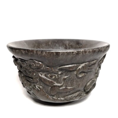 4.8  I nch Old Chinese Bamboo root Hand Carved Pine Tree Crane Bowl Collection