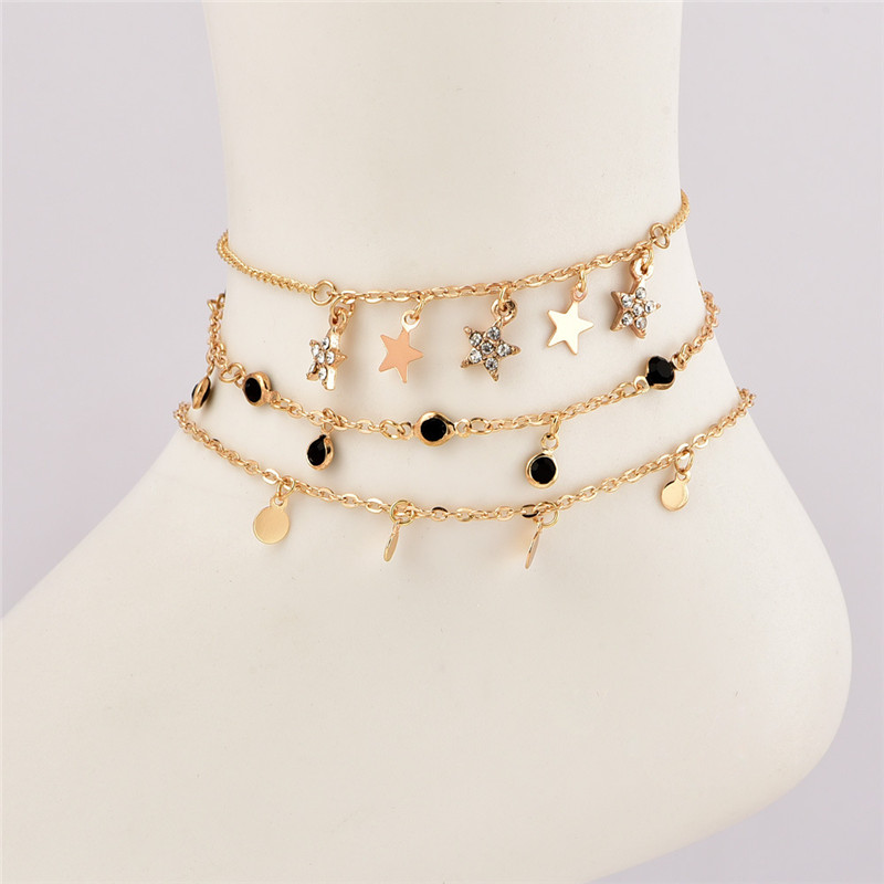 3Pcs//Set Fashion Gold Plated Star Wafer Ankle Chain Anklet Bracelet Foot Jewelry