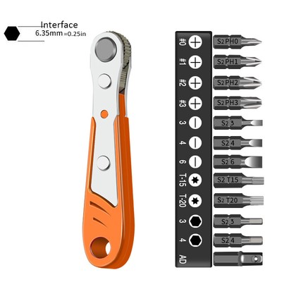Ratcheting Right Angle Screwdriver Hex Drive 90 Degree Offset and 12pc Bits Set