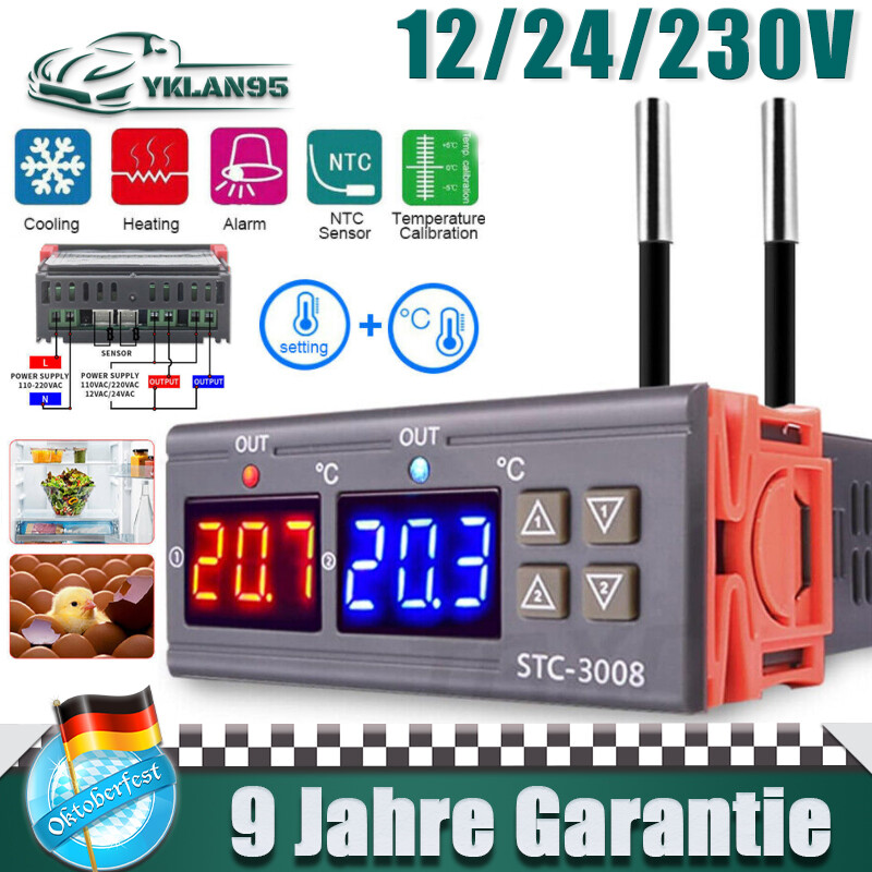 Temperaturthermostat Regler Doppelanzeige Sondensensor Heiz KÃ¼Hlmodus Thermostat