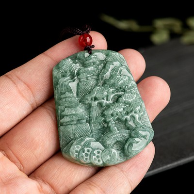 1pcs Natural Jadeite A Grade Jade Pendant Bean Green Carved Mountains Rivers