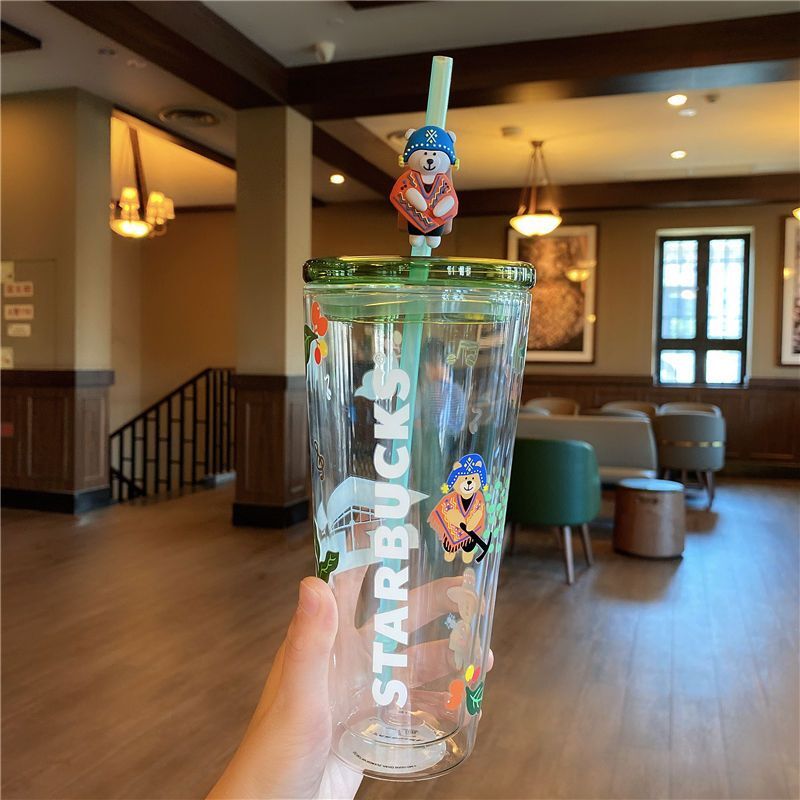 Starbucks Tumbler Pink Sakura Double Glass Straw Cup 591 ml+ Cherry Blossom Plug