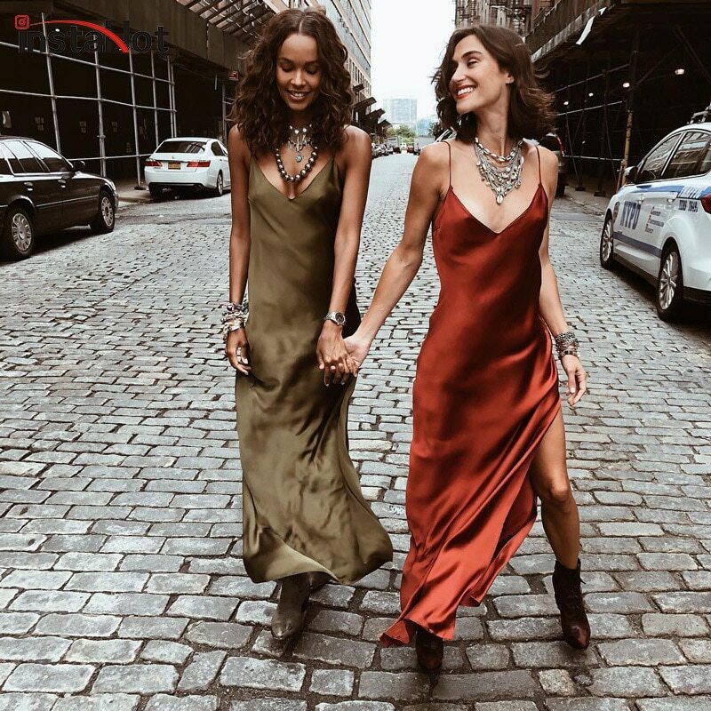 Women Off Shoulder Dress Summer Satin Slip Strappy Backless V-Neck Long  Maxi NEW | eBay