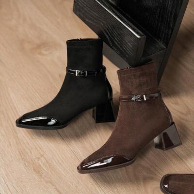 Womens Dress Ankle Boots Square Toe Buckle Decor Zip Faux